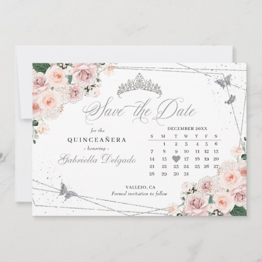 Pink und Silver Quinceñera Save the Date Einladung (Vorderseite)