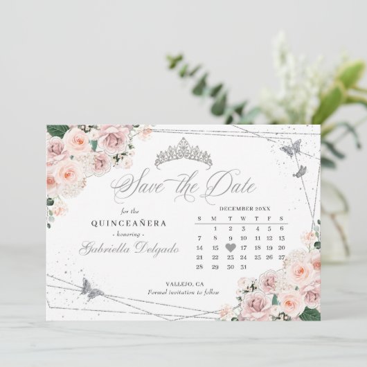 Pink und Silver Quinceñera Save the Date Einladung (Stehend Vorderseite)