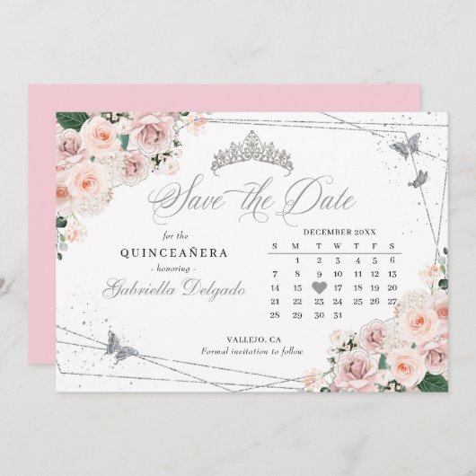 Pink und Silver Quinceñera Save the Date Einladung (Vorne/Hinten)