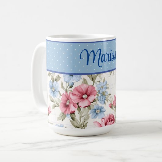 Pink und Sky Blue Floral und Polka Dots Tasse (Vorderseite Links)