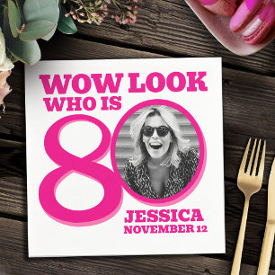 Pink und weiß 80. Geburtstag Foto Schau mal wer is Serviette