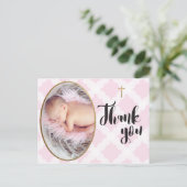 Pink und weiß Baby Girl Baptisc Danke Postkarte (Stehend Vorderseite)