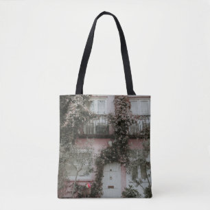 PINK UND WEISS GEMALTETES HAUS MIT PFLANZE A TASCHE