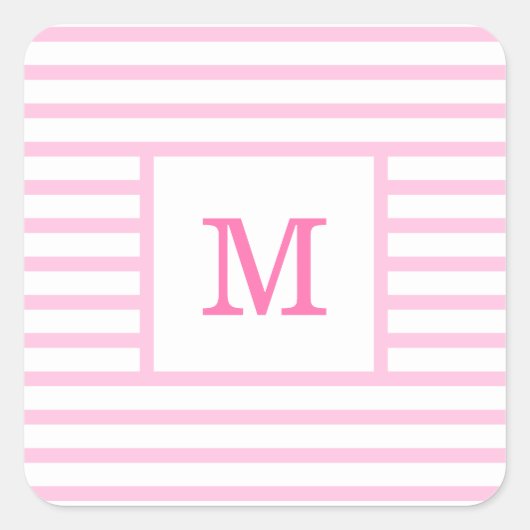 Pink und weiße Streifen für Baby-Monogramm Quadratischer Aufkleber (Vorderseite)
