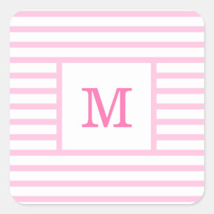 Pink und weiße Streifen für Baby-Monogramm Quadratischer Aufkleber