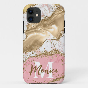 Pink- und Weißstein und Gold-Glitter-Achat-Monogra Case-Mate iPhone Hülle
