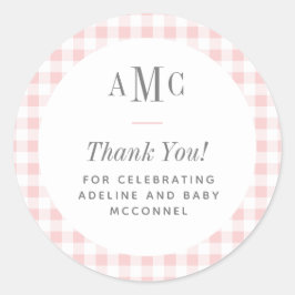 Pink und White Gingham Monogram Vielen Dank Runder Aufkleber
