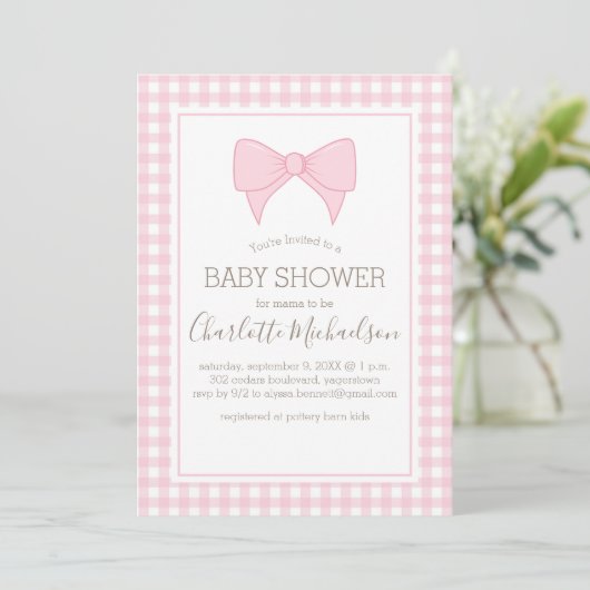 Pink und White Gingham Pattern Baby Dusche Einladung (Stehend Vorderseite)
