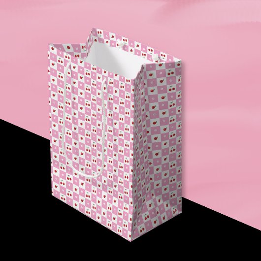Pink und White Gingham Pattern Kirschen Geschenkta Mittlere Geschenktüte