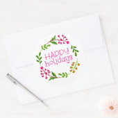 Pink und White Happy Holidays Wreath Runder Aufkleber (Umschlag)