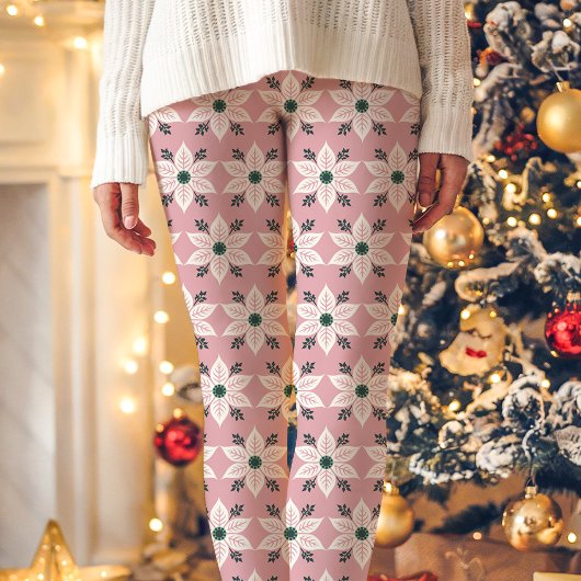 Pink und White Poinsettia Muster Weihnachten Leggings