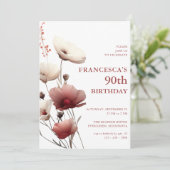 Pink und White Poppy 90. Geburtstag Einladung (Stehend Vorderseite)