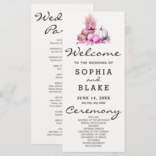 Pink und White Pumpkins Fall White Wedding Program (Vorne/Hinten)
