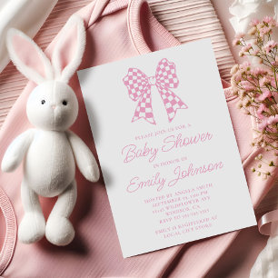 Pink und White Schachbrett Bow Babydusche Einladung