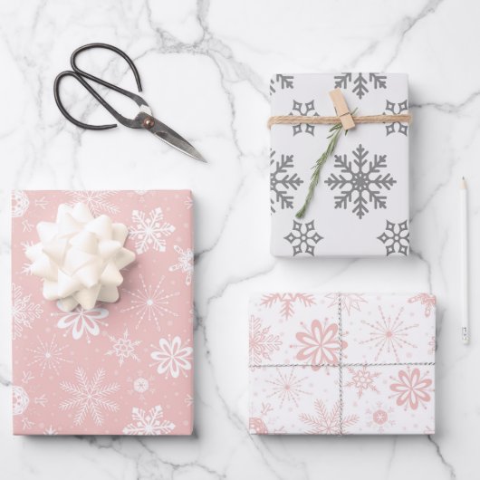 Pink und White Snowflake Wrapping Paper Geschenkpapier Set (Vorderseite)