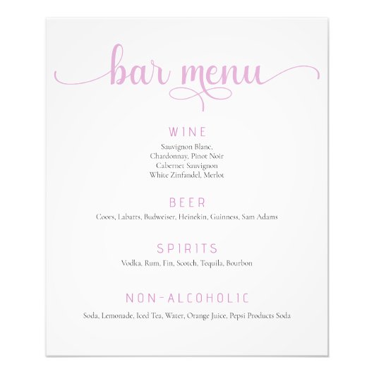 Pink und White Wedding Bar Menu Poster (Vorne)