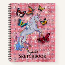 Pink Unicorn and Butterflies Glitter Sketchbook Notizblock