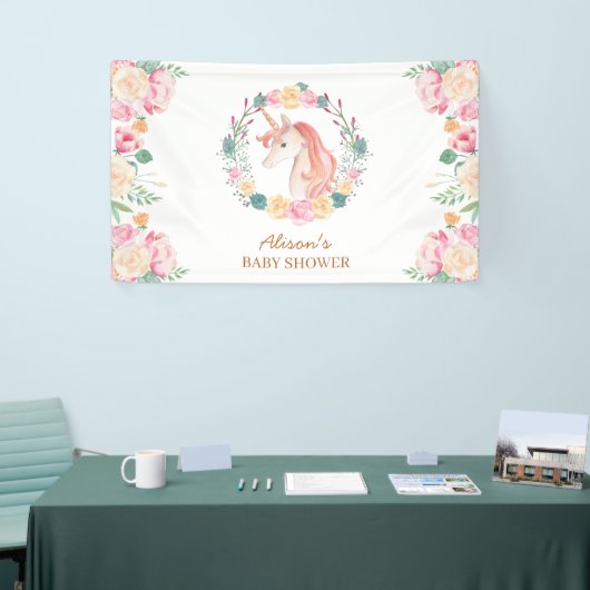 Pink Unicorn Blumengrün Babydusche Hintergrund Banner (Messeveranstaltung)
