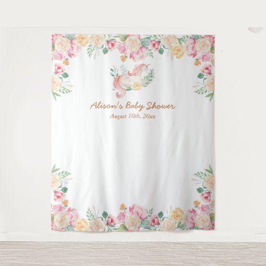 Pink Unicorn Blumengrün Babydusche Hintergrund Wandteppich (Vorderseite)