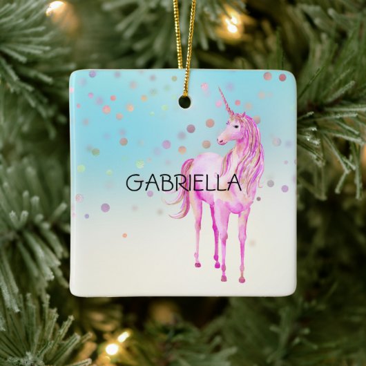 Pink Unicorn Confetti Personalisierter Name Keramikornament (Baum)