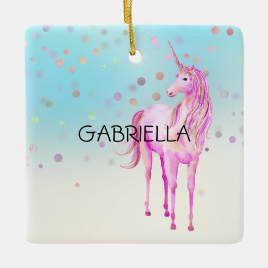 Pink Unicorn Confetti Personalisierter Name Keramikornament (Vorderseite)