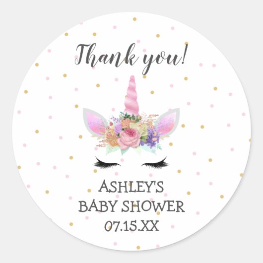 Pink Unicorn Face Babydusche Danke dafür Runder Aufkleber (Vorderseite)