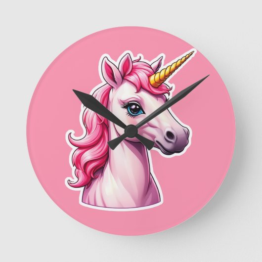 Pink Unicorn Fantasy Runde Wanduhr (Vorderseite)