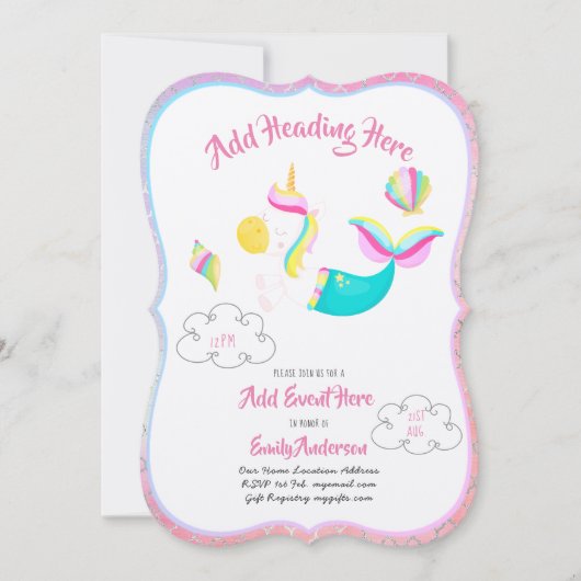 Pink UNICORN MERMAID Invitations Metallic Card Einladung (Vorderseite)