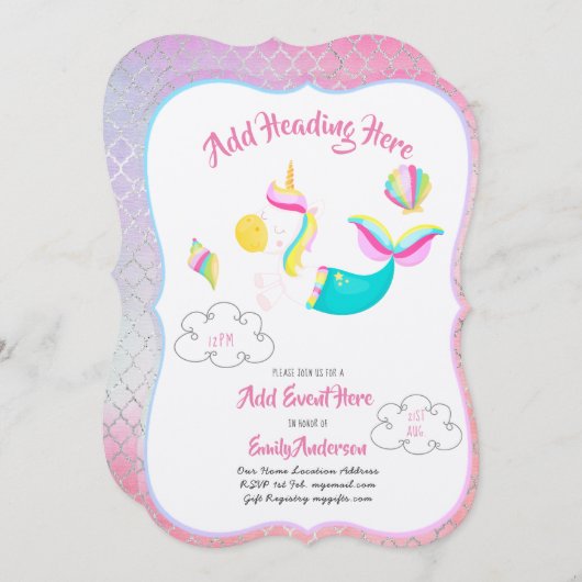 Pink UNICORN MERMAID Invitations Metallic Card Einladung (Vorne/Hinten)