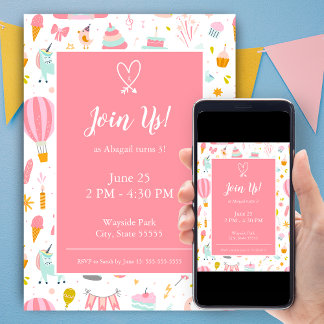 Pink Unicorn Party Pattern Girl Kind Geburtstag Einladung
