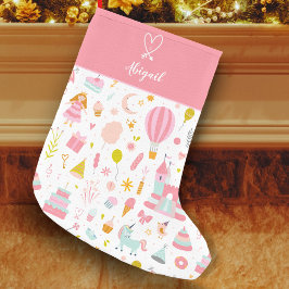 Pink Unicorn Party Pattern Monogrammed Girl Kid Kleiner Weihnachtsstrumpf