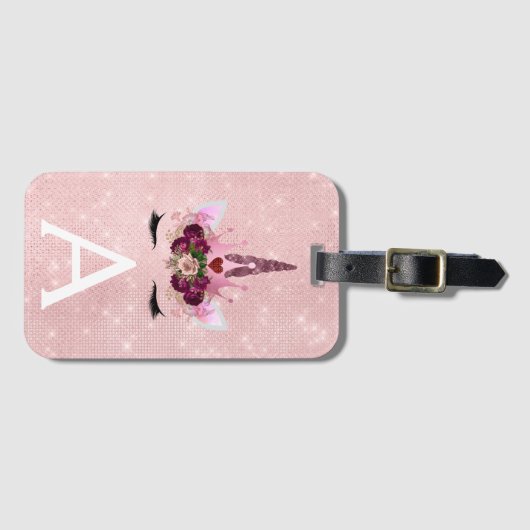 Pink Unicorn Sparkle Princess Monogram Name Gepäckanhänger (Vorderseite (Horizontal))