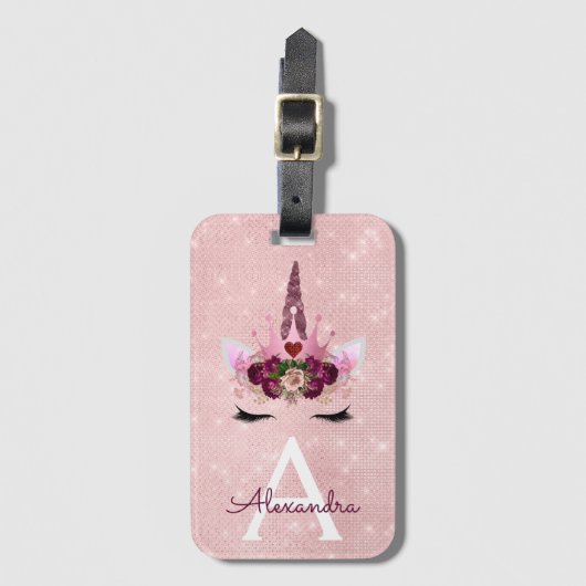 Pink Unicorn Sparkle Princess Monogram Name Gepäckanhänger (Vorderseite Vertikal)