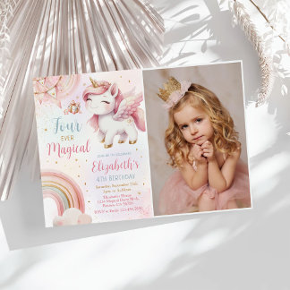 Pink Unicorn Vier mal Magisches Geburtstags-Foto Einladung