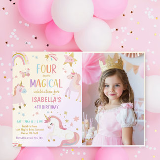 Pink Unicorn Vier mal Magisches Geburtstags-Foto Einladung