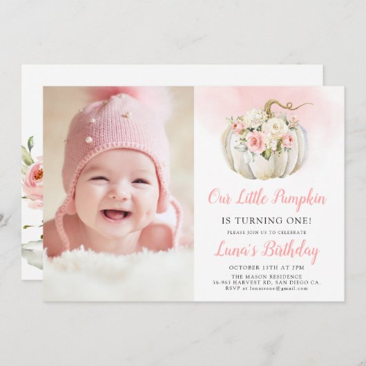 Pink Unser kleiner Pumpkin 1. Geburtstag Foto Einladung (Vorne/Hinten)