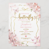 Pink Unser kleines Schmetterling-Blumenmädchen 1.  Einladung (Vorne/Hinten)