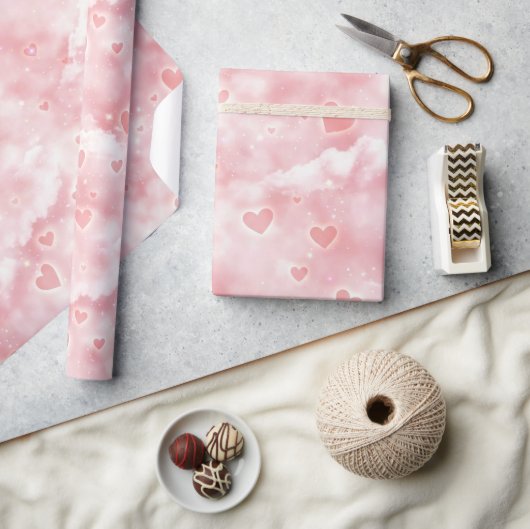 Pink Valentine Clouds Sky with Glowing Hearts Geschenkpapier (Kunsthandwerk)