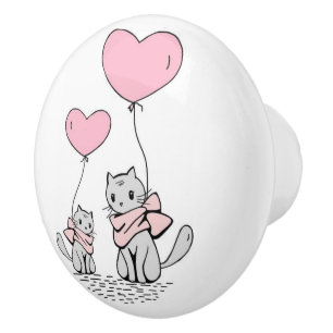 PINK VALENTINE HERZBALLOONS MIT GRAUEN KITTEN KERAMIKKNAUF