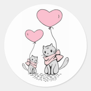PINK VALENTINE HERZBALLOONS MIT GRAUEN KITTEN RUNDER AUFKLEBER