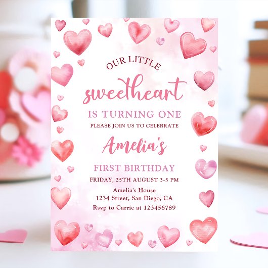 Pink Valentine Sweetheart 1. Geburtstag Einladung