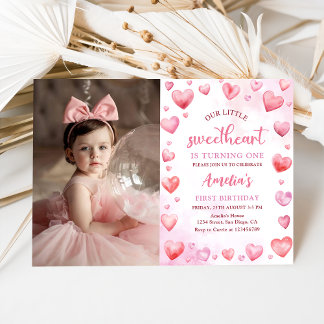 Pink Valentine Sweetheart 1. Geburtstag Foto Einladung