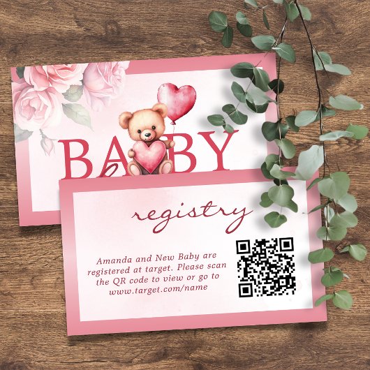 Pink Valentine Teddy Bear Registry Baby Shower Begleitkarte