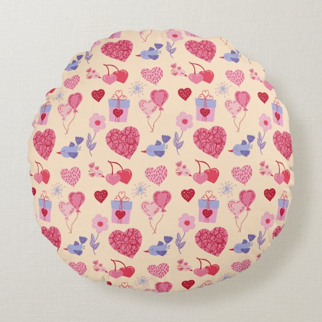 Pink Valentine's Day Icon Muster Rundes Kissen (Vorderseite)