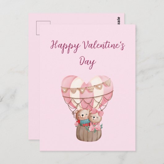 Pink Valentine's Day Teddy Bär Heißluftballon Ca Postkarte (Vorne/Hinten)