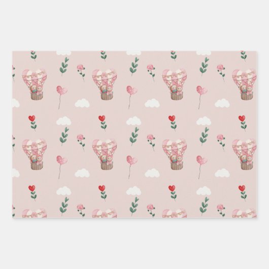 Pink Valentine's Day Teddy Bär romantischen Ballon Geschenkpapier Set (Vorderseite)