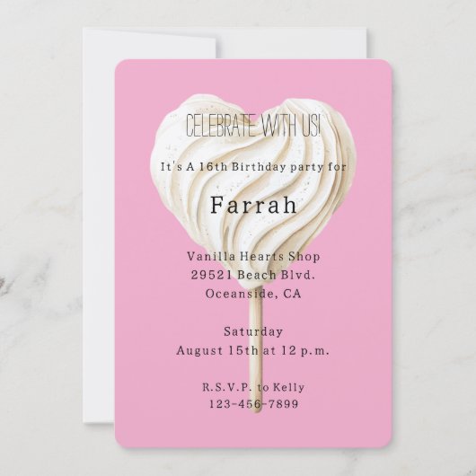 Pink Vanilla Heart Birthday  Einladung (Vorderseite)