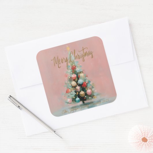 Pink Velvet Christmas Tree Foil Holiday Postcard Quadratischer Aufkleber (Umschlag)