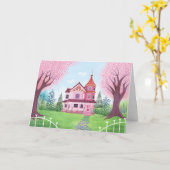 Pink Viktorianisch House & Cherry Blossom Blank Ca Karte (Gelbe Blume)