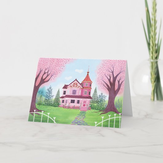 Pink Viktorianisch House & Cherry Blossom Blank Ca Karte (Vorderseite)